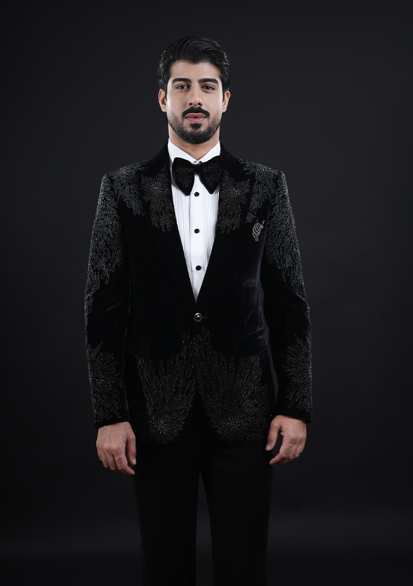 Designer Black Embroidery Tuxedo Suit - Image 3