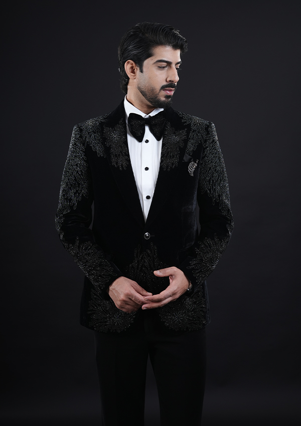 Designer Black Embroidery Tuxedo Suit - Image 2
