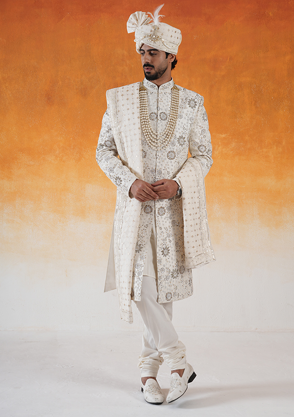 Ivory Hand Embrodiery Sherwani - Image 2