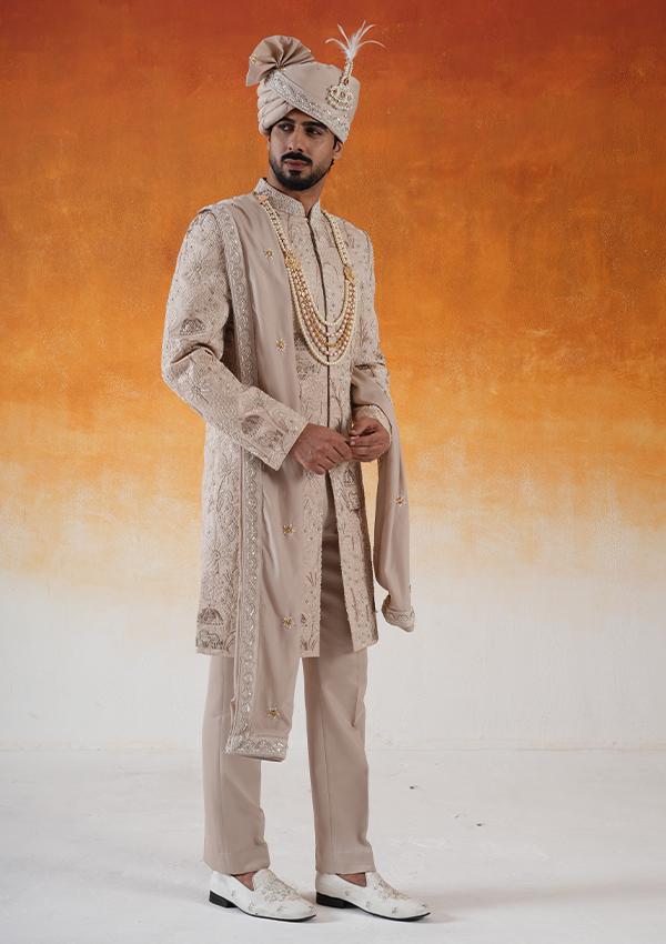 Elegant Beige Embroidered Sherwani Set - Image 2
