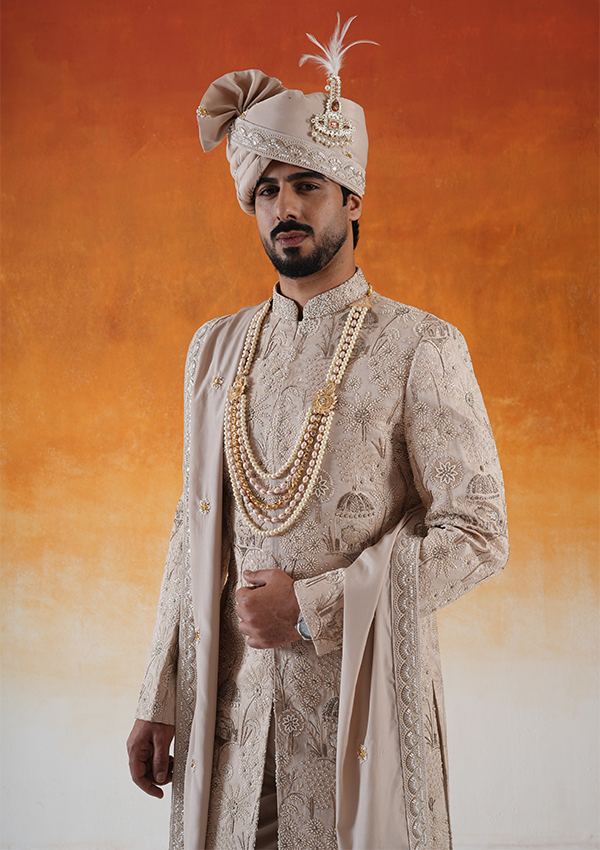 Elegant Beige Embroidered Sherwani Set - Image 3
