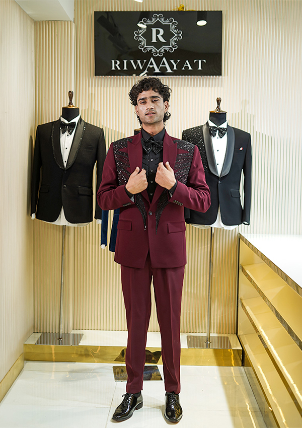 Wine Desinger Suit With Hand Embroidery