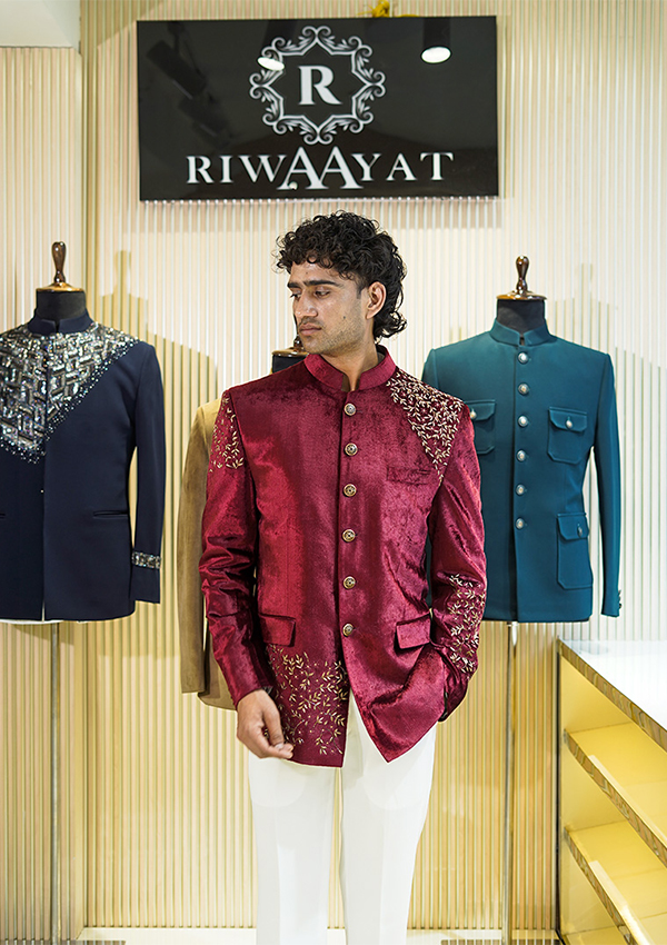 Mehroon Premium Velvet Bandhgala Jacket And Pant
