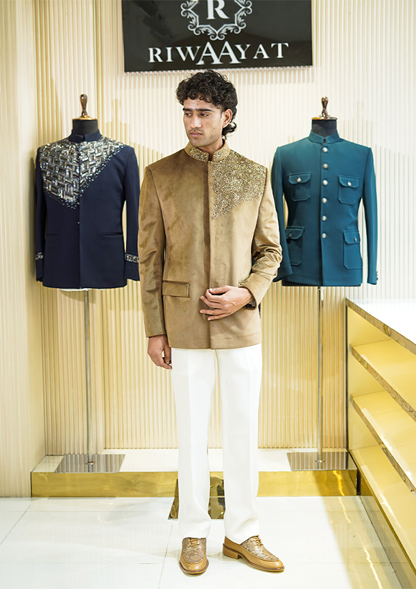 Light Mustard Luxury velvet Bandhgala Embroidery And White Pant - Image 2