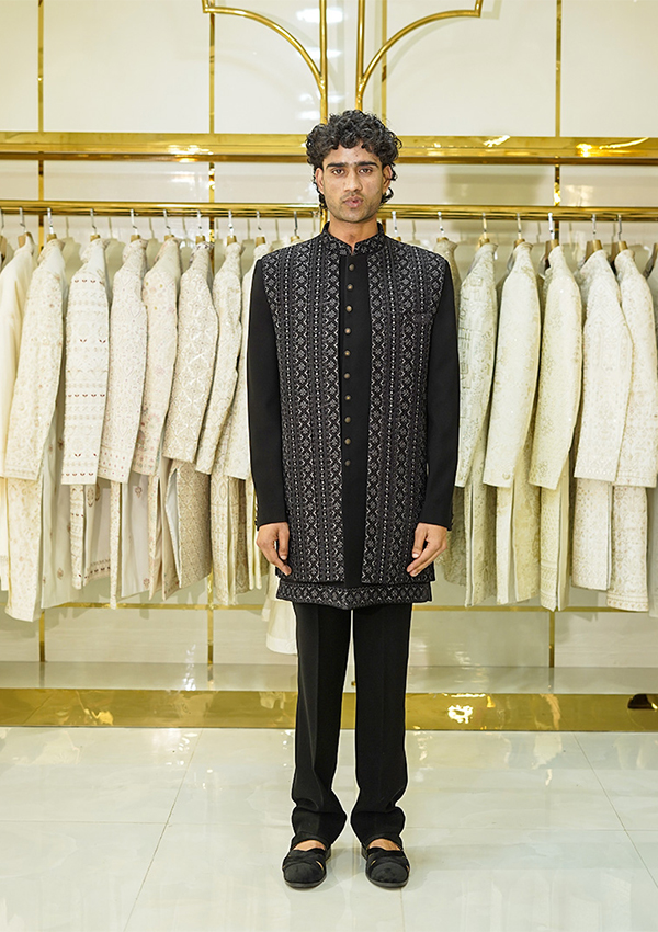 Black Indo Western & Pant With Open Long Thread Work Jacket - Image 2