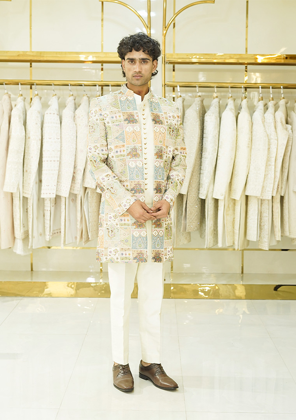 Multi Colour Thread Work & Printed Open Indo With Jacket & Pant