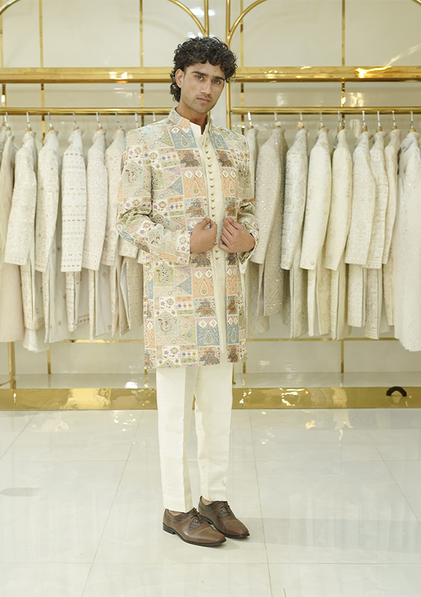Multi Colour Thread Work & Printed Open Indo With Jacket & Pant - Image 2