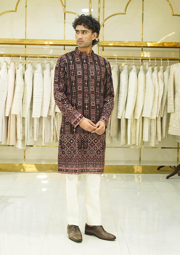 Wine and Black Thread Work Kurta With Off White Pant - Image 3