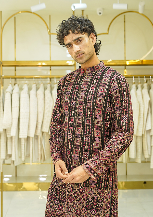 Wine and Black Thread Work Kurta With Off White Pant - Image 2