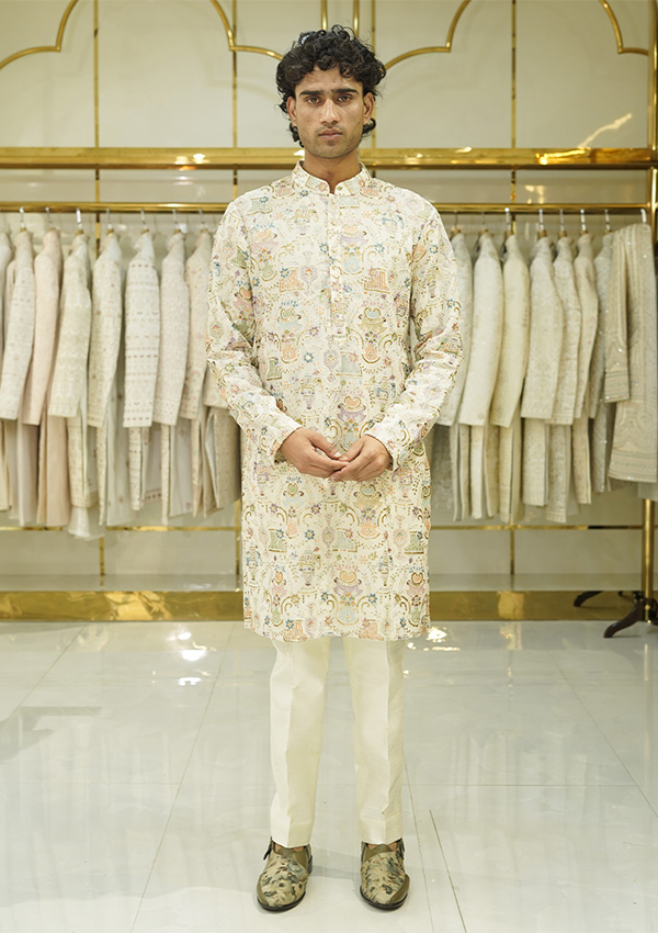 Luxury Off White Multi Thread Work Kurta With Pant - Image 2